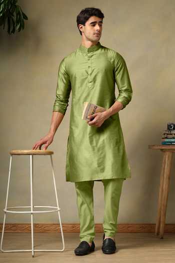 Pomcha Jaipur Chaap Mehendi Green Cotton Silk Kurta Set