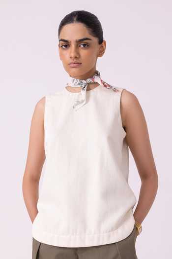 The Summer House Dorothy Off White Handwoven Cotton Denim Top 