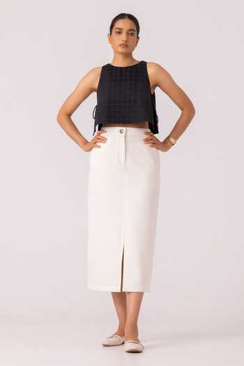 The Summer House Roxanne Off White Handloom Denim Midi Skirt 