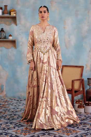 Ajiesh Oberoi Mahnoor Metallic Pattern Anarkali & Dupatta Set 