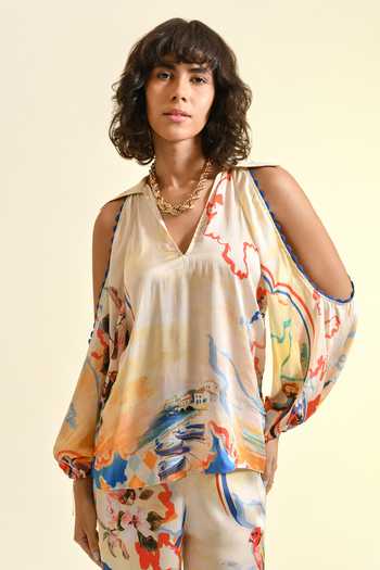 Bhanuni By Jyoti Coastal Print Cold Shoulder Top 
