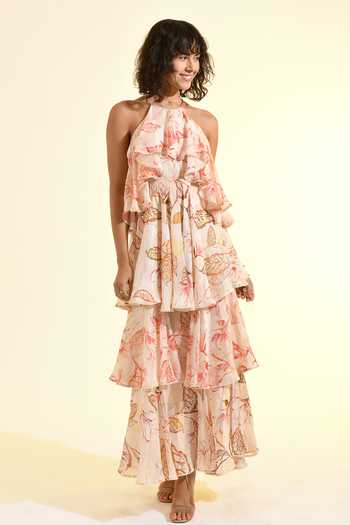 Bhanuni By Jyoti Floral Print Blush Halter Maxi Dress 