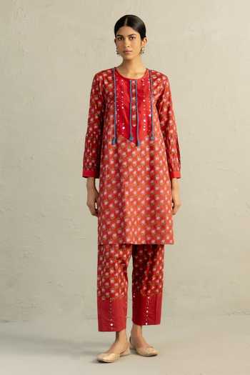 Charkhee Red Phool Dori Short Kurta & Salwar Set 