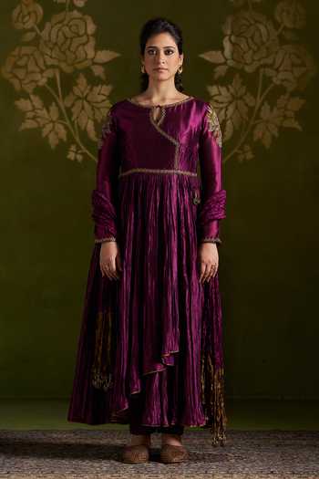 Almaari By Pooja Patel Rochira Zardozi Embroidered Silk Anarkali Set  