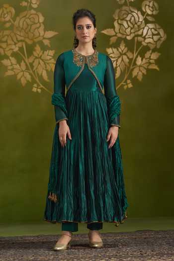 Almaari By Pooja Patel Rochita Embroidered Crushed Silk Anarkali Set 