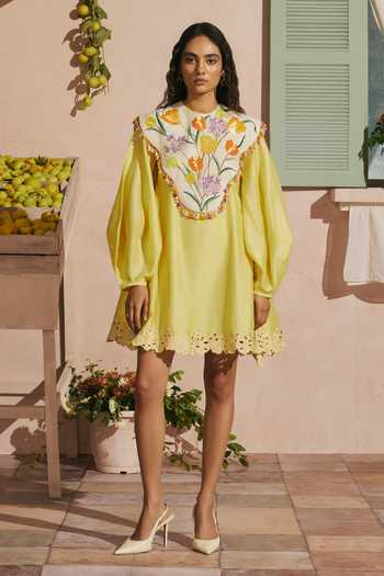 Chandrima Butter Yellow Short Dress With Tulip Cape
