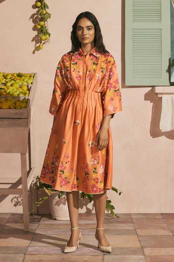 Chandrima Orange Bougainvillea Pleated Dress