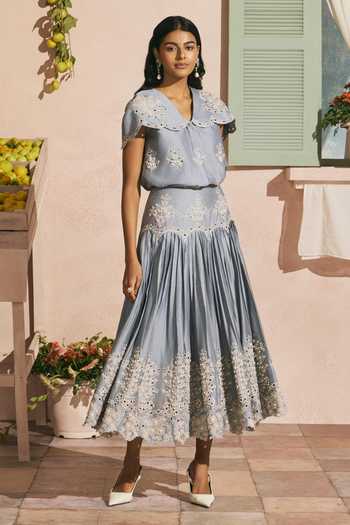 Chandrima Powder Blue Contrast Cutwork Pleated Skirt 