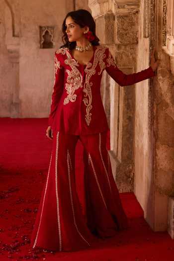 Charu And Vasundhara Tevora Paisley Pattern Jacket Palazzo Set 