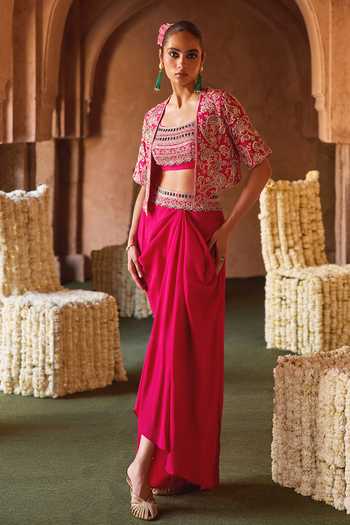 Charu And Vasundhara Tavrina Paisley Embroidered Jacket Skirt Set 