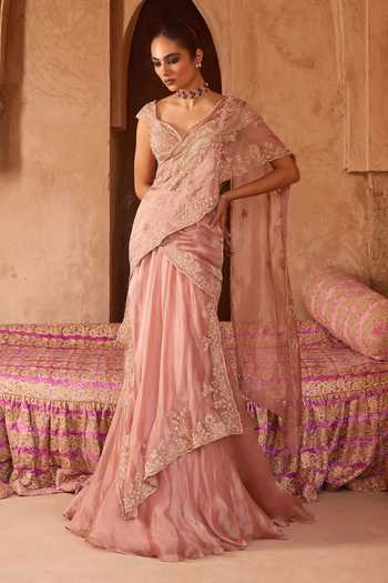 Charu And Vasundhara Tanera Paisley Embroidered Pre-Draped Saree Set 