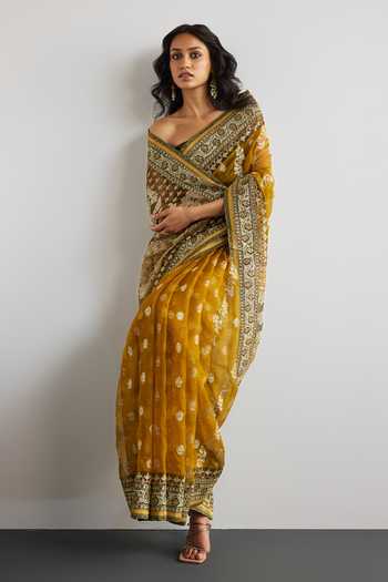 RI.Ritu Kumar Jamdani Printed Saree With Unstitched Blouse Piece 