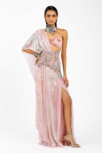 Aisha Rao Astrale Sequin Work Pre-Draped Saree With Bralette 