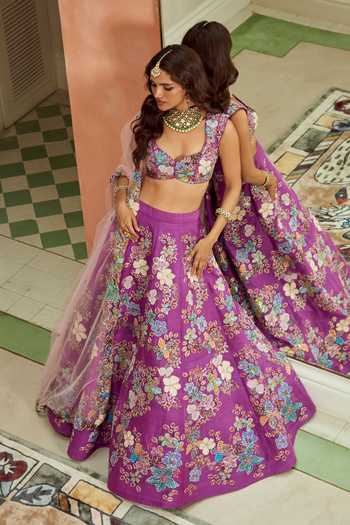 Aisha Rao Aubrielle Purple Raw Silk Lehenga Set 