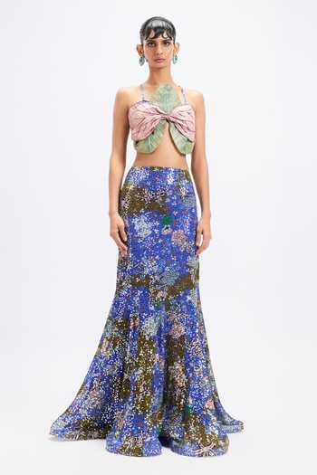 Aisha Rao Amaryllis Blue Olive Sequin Fishtail Skirt Set 