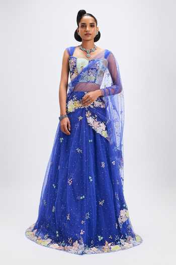 Aisha Rao Azalee Persian Blue Lehenga Saree Set 