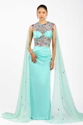 Aisha Rao Vivelise Scuba Blue Cape Gown 