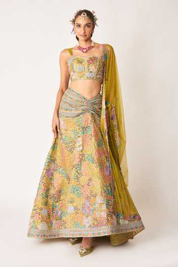 Aisha Rao Olesia Olive Tissue Ruched Lehenga Set 