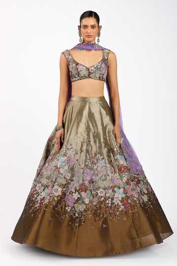 Aisha Rao Tenebra Copper Metallic Tissue Lehenga Set 