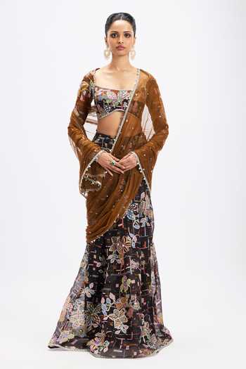 Aisha Rao Sepia Embroidered Pre-Draped Saree With Blouse 