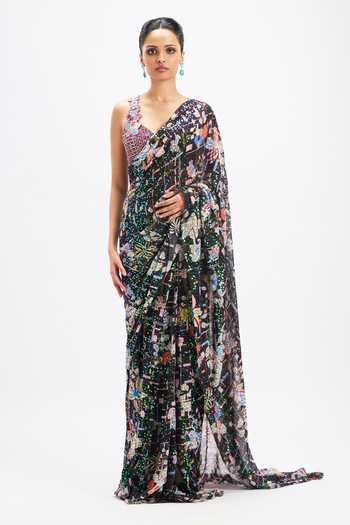Aisha Rao Noctura Black Plum Sequin Tulle Saree With Blouse 