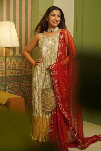 Etasha By Asha Jain Textured Metallic Tissue Kurta Set 