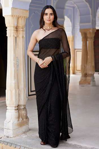 Geroo Jaipur Mukaish Embroidered Pre-Draped Saree With Blouse 