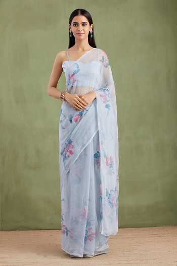 Geroo Jaipur Handpainted Floral Pre-Draped Saree With Blouse 