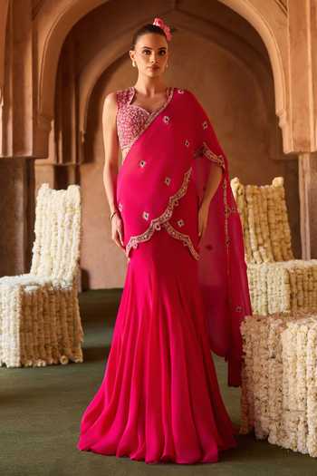 Charu And Vasundhara Tazmeen Stonework Pre-Draped Saree & Blouse Set 