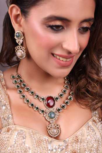 Moh-Maya By Disha Khatri Citrin Stones Zircon Layered Necklace Set 