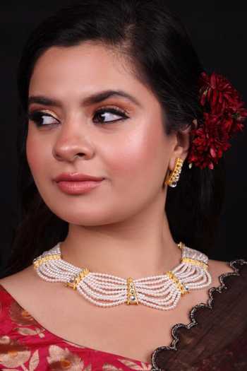 Moh-Maya By Disha Khatri Kundan Polki Pearl Choker & Stud Earrings Set 