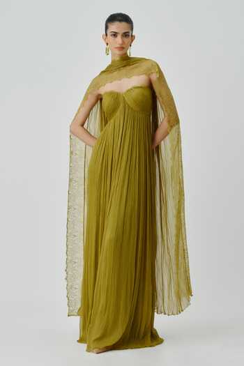 Aroka Chartreuse Ruched Dress With Scarf 
