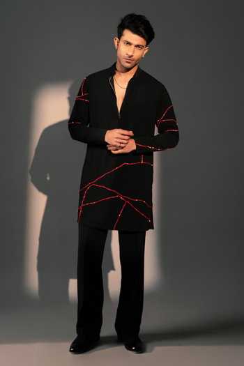 ROHIT DOSHI Black Cherry Embroidered Kurta & Pant Set 