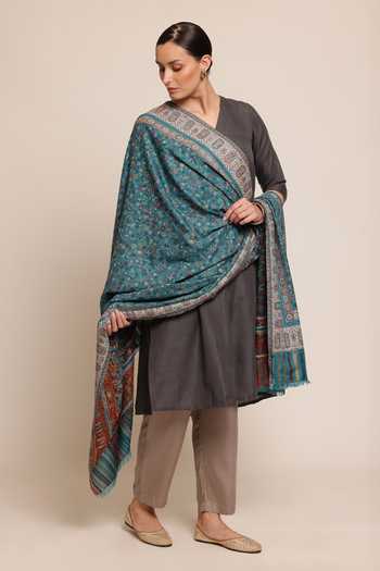 SHAZA Antique Wool Floral Ornate Kani Shawl 
