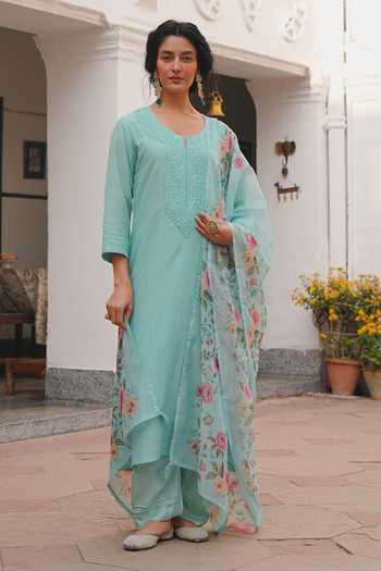 Karaj Jaipur Mint Aqua Mul Chanderi Kurta Set 