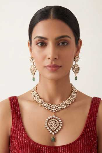 Zevar By Geeta Handcrafted Kundan Necklace & Earrings Set