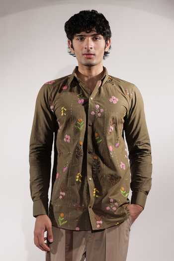 Jubinav Chadha Linen Floral Embroidered Shirt 