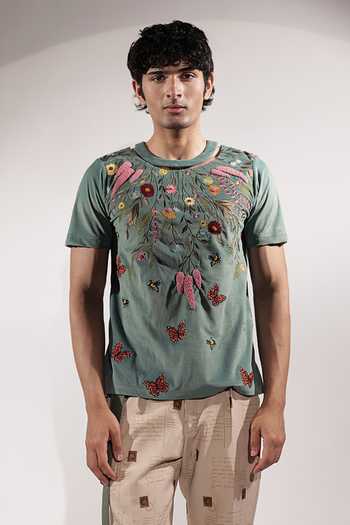 Jubinav Chadha Suede Floral Embroidered T-Shirt 
