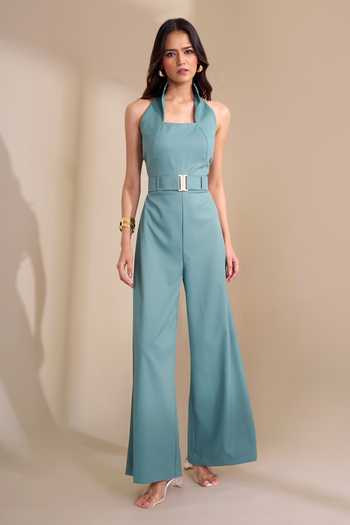 Naintara Bajaj High Collar Back Cut Jumpsuit & Belt Set 