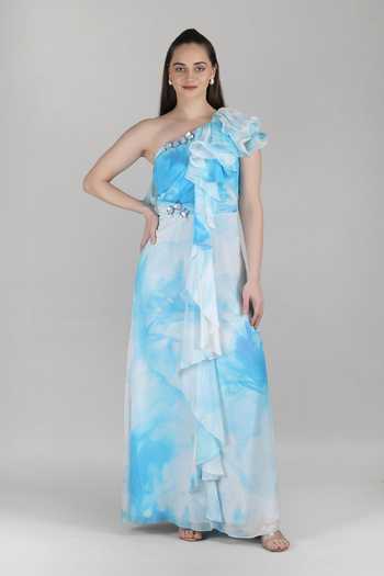 Mandira Wirk Aqua One Shoulder Ruffle Dress 