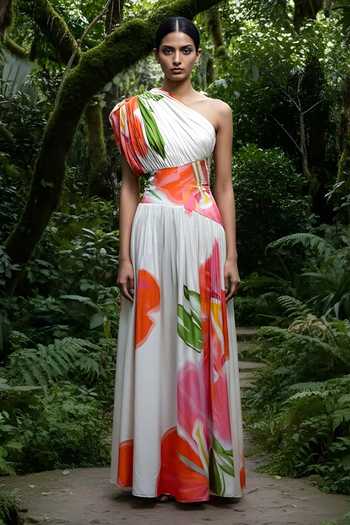 Poppi Floral Printed Pleated One Shoulder Dress 
