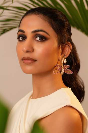 KARAARI Pink Embroidered Dragonfly Earrings 