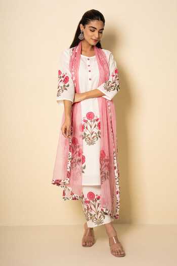 Kameez Rosette Cotton Floral Block Print Kurta Set 
