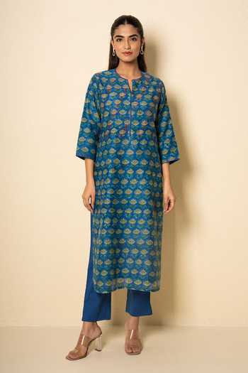 Kameez Chanderi Floral Block Print Kurta & Pant Set 