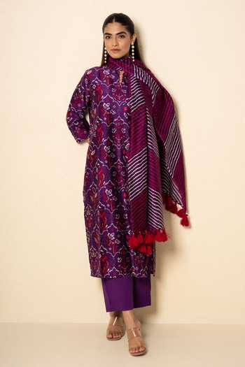 Kameez Plum Chanderi Floral Print Kurta Set 