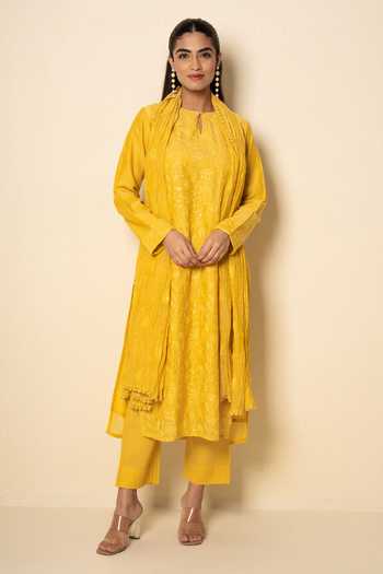 Kameez Chanderi Floral Embroidered Kurta Set 