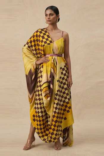 Vedika M Golden Hour V- Neck Draped Dress With Belt 