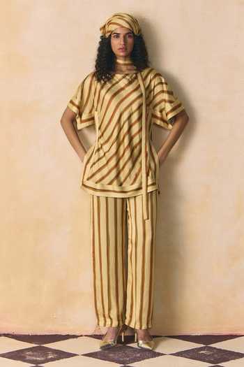 Zwaan Ochre Bias Stripe Linen Satin Top & Pant Set 