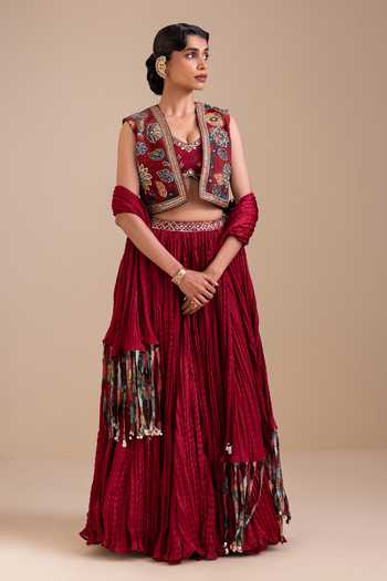 Aamra By Lavanya Kalamkari Pattern Jacket Lehenga Set 