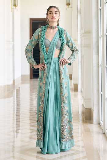 Awigna Hayacinth Modal Satin Pre-Draped Saree Set
